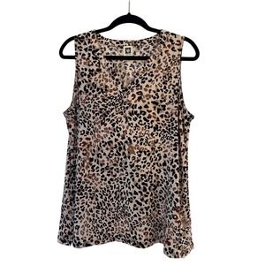 Anne‎ Klein Sleeveless Leopard Print V Neck Button Detail Top Size Large